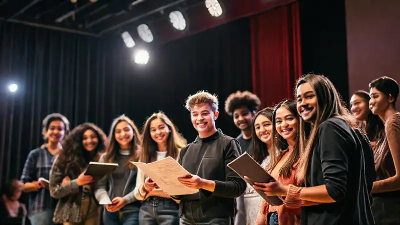Pasantes de teatro aprendiendo y actuando con confianza