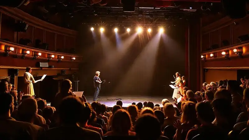 Actores en escena con iluminación y aplausos