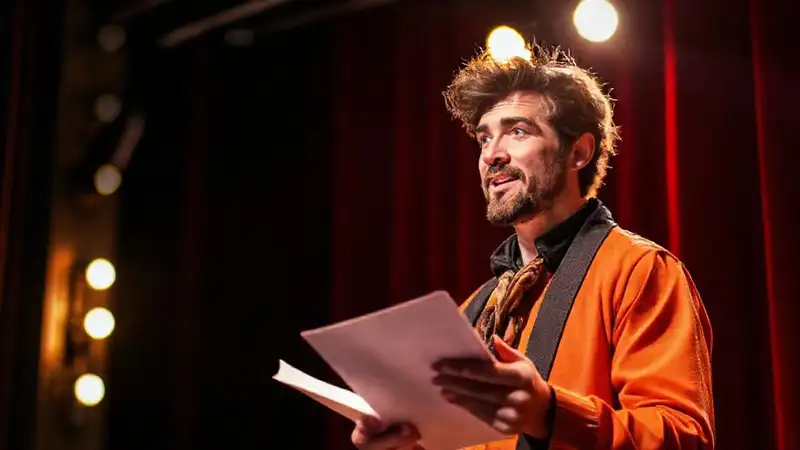 Actor confiado en audición teatral con expresión dramática