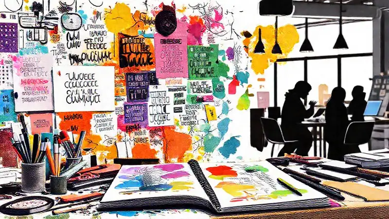 Cuaderno colorido y herramientas creativas inspiradoras