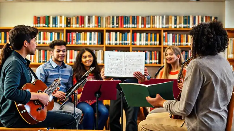 Aula de música con estudiantes y instrumentos