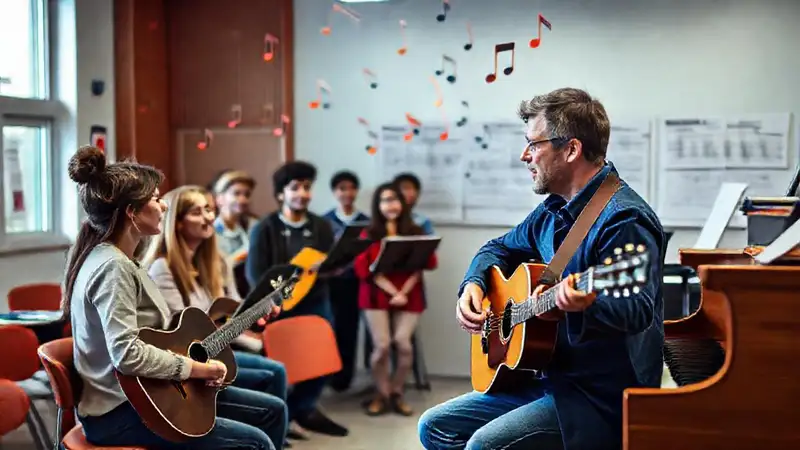 Aula de música con estudiantes y notas flotando