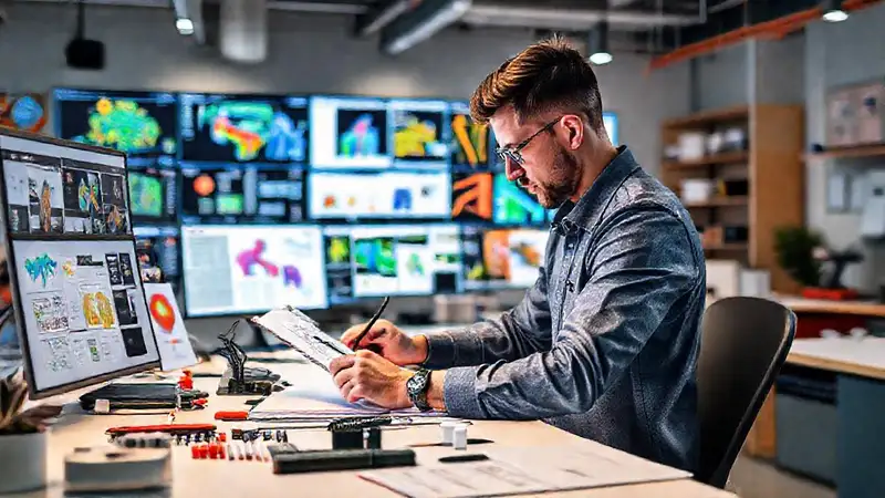 Diseñador industrial crea ideas en entorno moderno