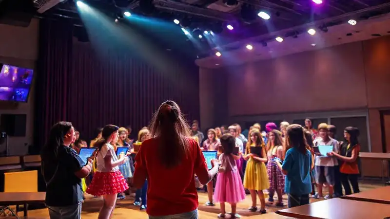 Estudiantes en escenario colorido y moderno