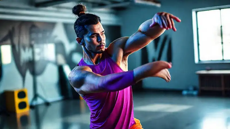 Bailarín estira en estudio vibrante y moderno