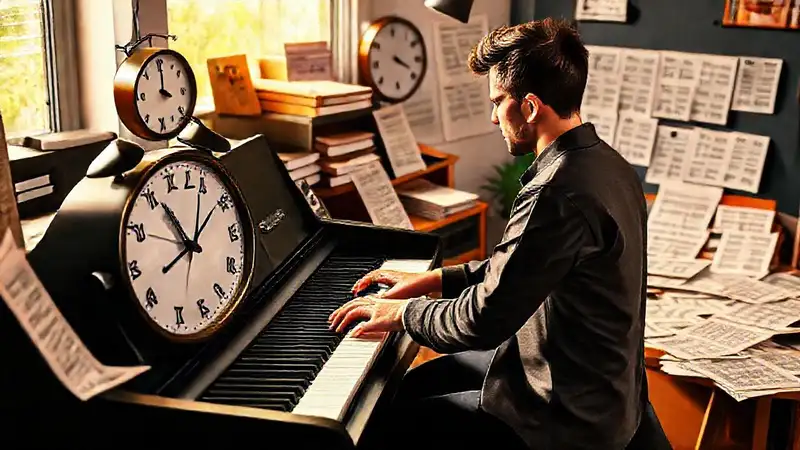 Músico practica piano en espacio organizado y brillante