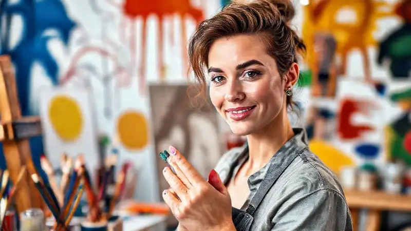 Artista pintando autorretrato en ambiente creativo
