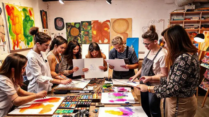 Artistas colaborando en un estudio creativo vibrante