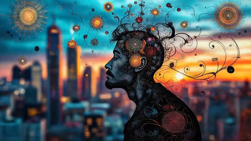 Pensador en arte surrealista con símbolos abstractos