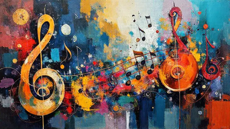 Símbolos musicales y filosóficos en estilo surrealista