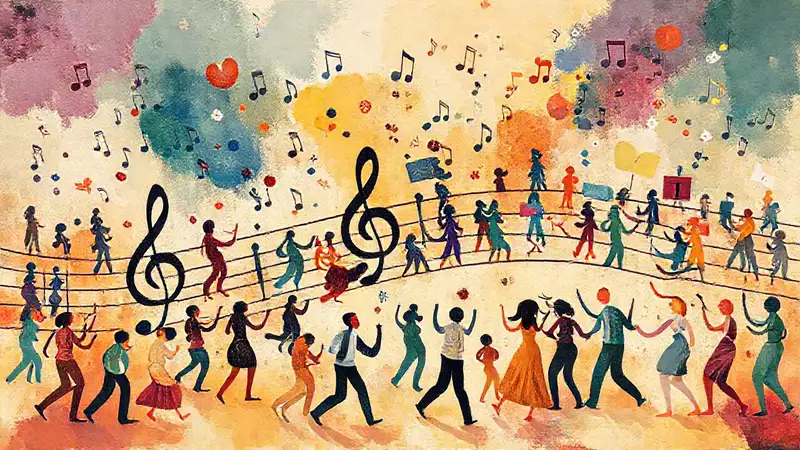 Notas musicales y personas con cultura vibrante