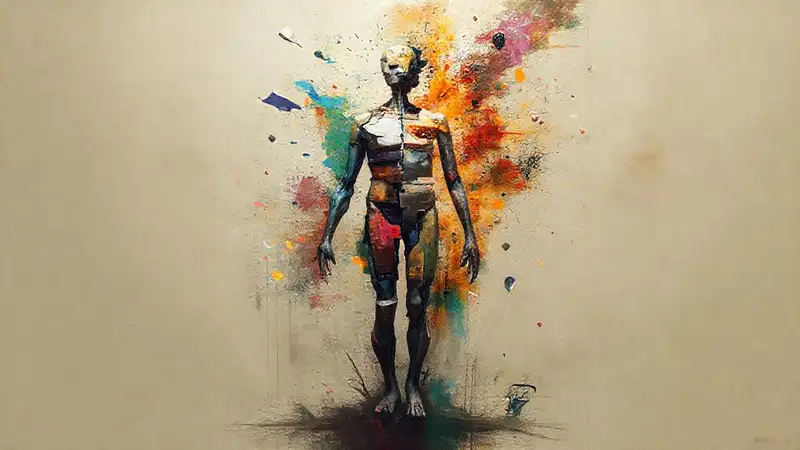 Figura humana fragmentada en arte digital surrealista