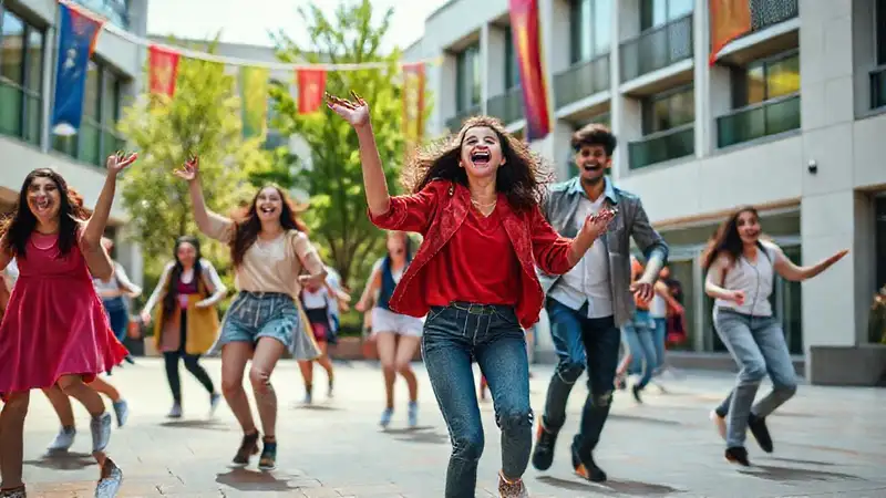Estudiantes bailando felices en un campus vibrante