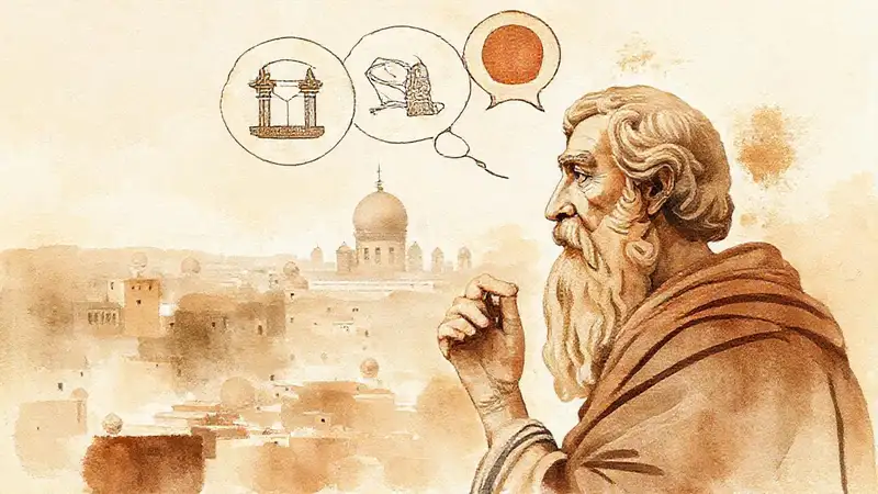 Filósofo antiguo reflexionando sobre historia y vida