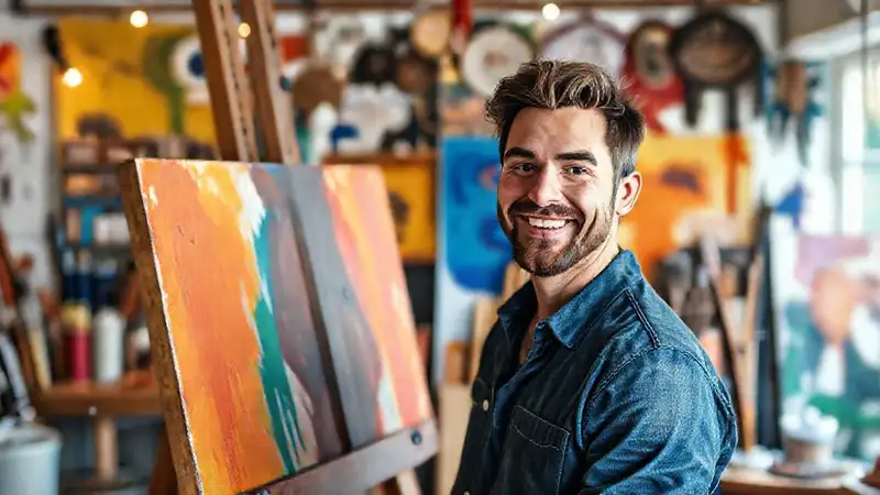 Artista sonriente en su estudio vibrante