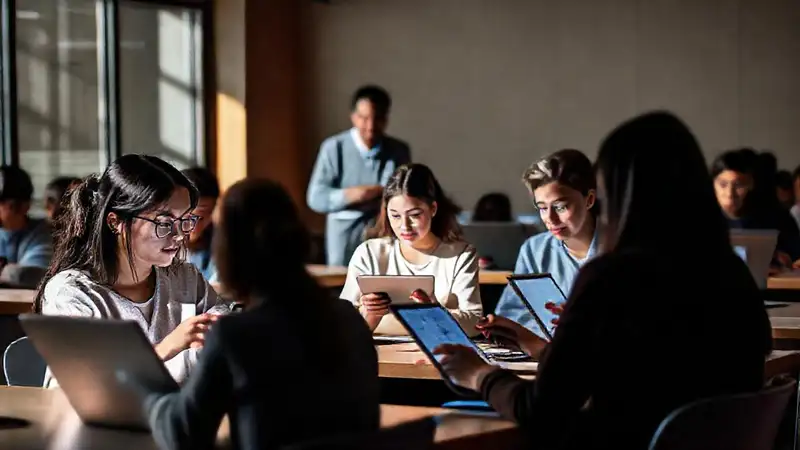 Aula moderna con tecnología y diversidad educativa