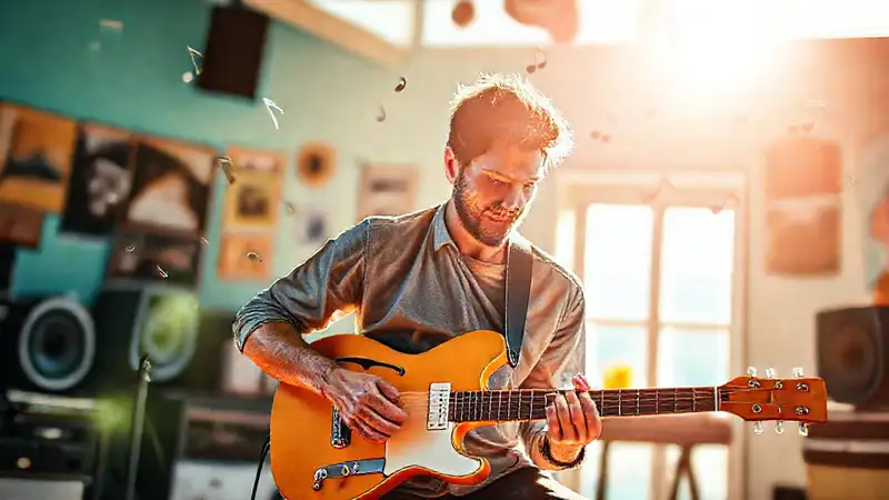 Músico motivado practica guitarra enérgicamente