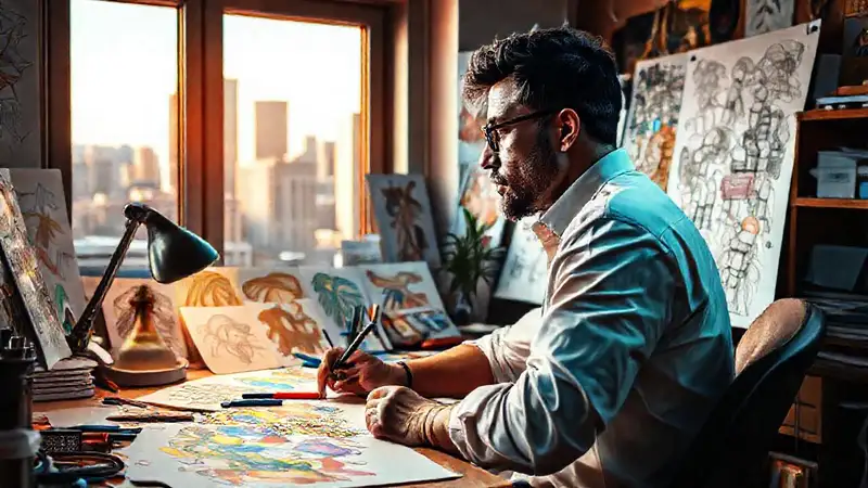 Artista reflexiona en estudio colorido y creativo