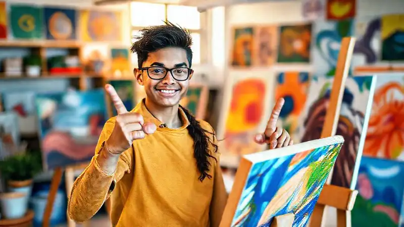 Estudiante artístico en taller moderno y vibrante
