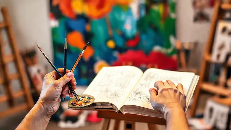 Manos creativas con pinceles en estudio vibrante