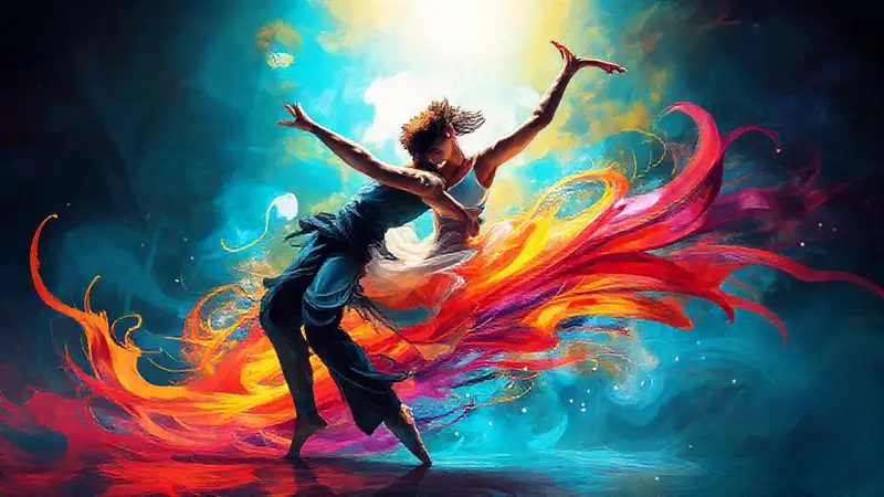 Bailarín expresivo con colores vibrantes y dinámicos