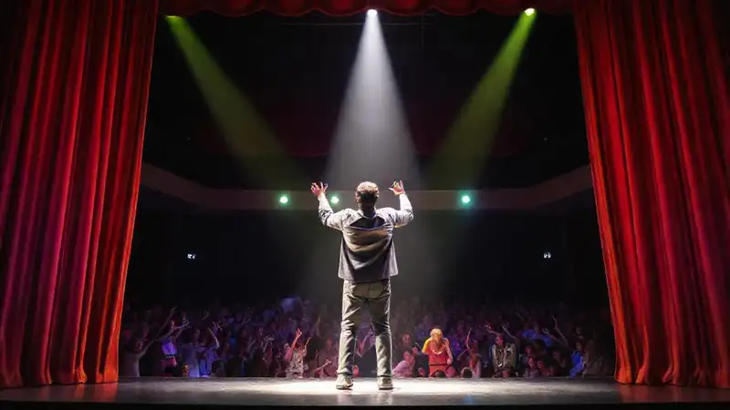 Actor improvisa en un escenario vibrante y dinámico