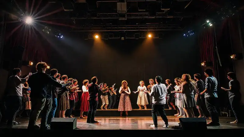 Escena teatral vibrante con actores expresivos