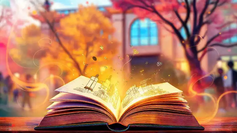 Libro abierto con arte brillante y estudiantes creativos