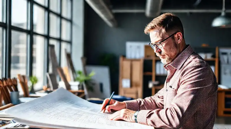 Arquitecto diseñando planos en oficina moderna