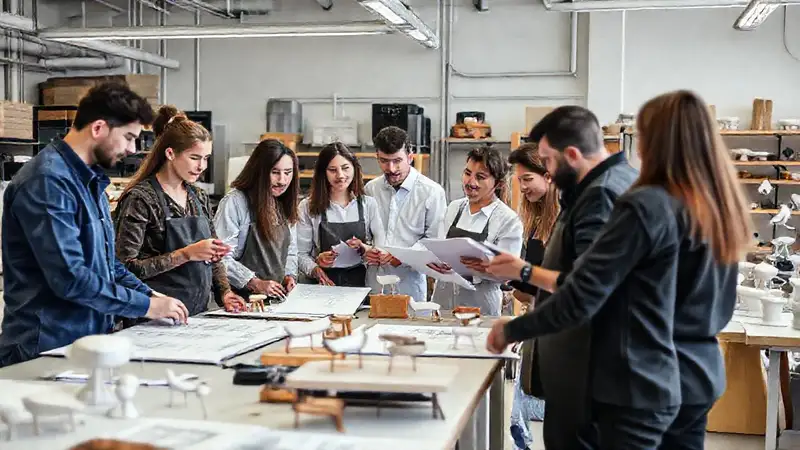 Diseñadores colaborando en un taller moderno y creativo
