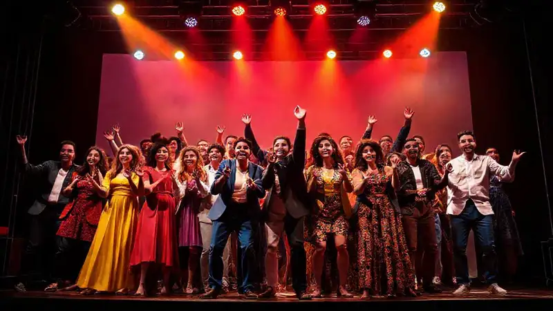 Actores diversos en escenario vibrante y colaborativo