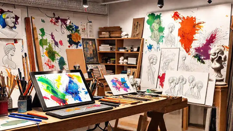 Espacio artístico creativo con colores y herramientas