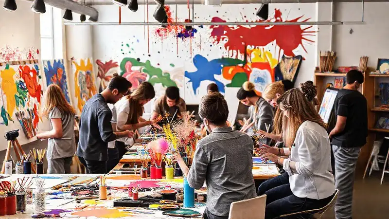 Taller artístico colorido con colaboración creativa