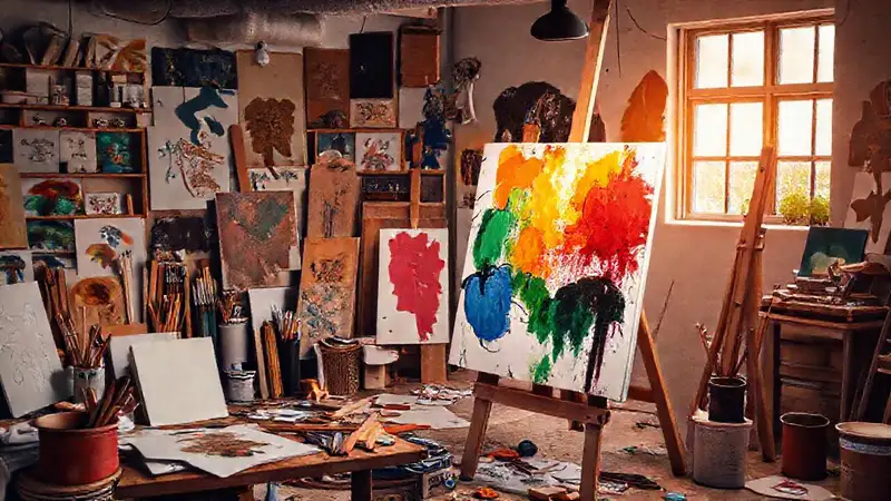 Estudio artístico inspirado y creativo con pinturas