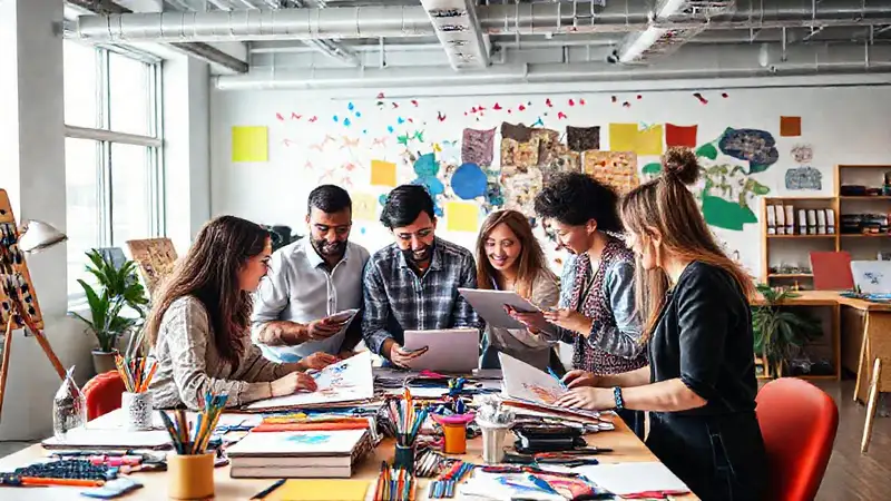 Profesionales creativos colaboran en un espacio vibrante