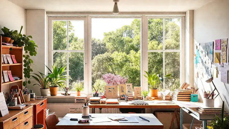 Espacio creativo luminoso y acogedor con naturaleza