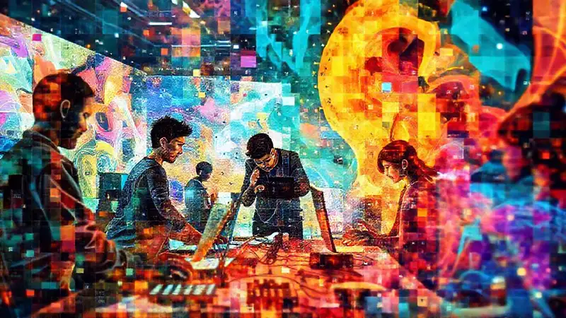 Arte digital colaborativo en un espacio futurista