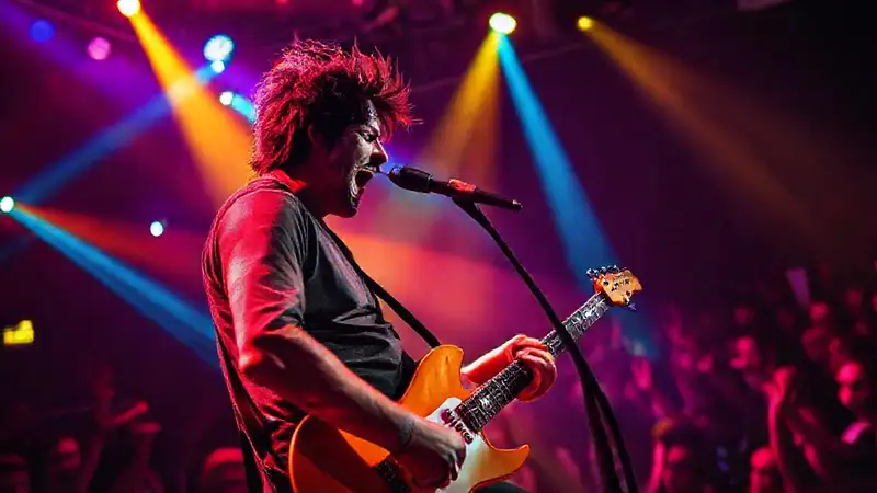 Músico apasionado en concierto vibrante y enérgico