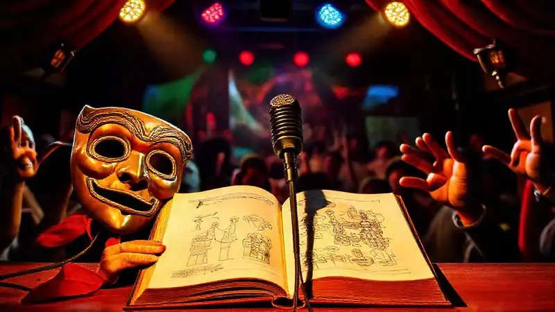 Máscaras teatrales, micrófono y escena vibrante