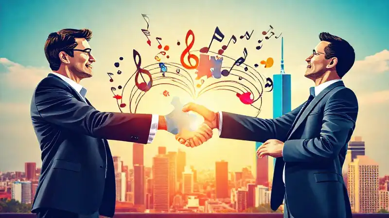 Músicos y notas en ciudad vibrante moderna