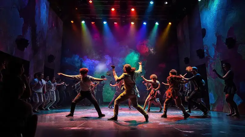 Escena teatral moderna con movimiento, colores y energía