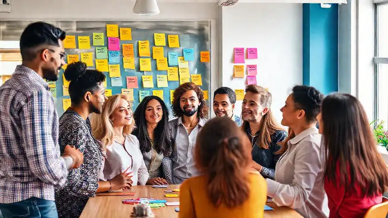 Diversos personas brainstormean en oficina creativa