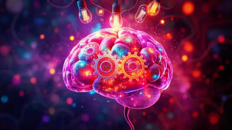Cerebro colorido y brillante con ideas flotantes