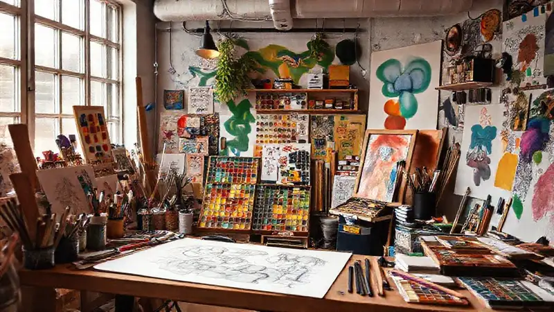 Estudio creativo con arte y caos vibrantes