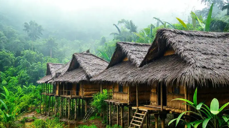 Casas de barro en selva lluviosa vibrante