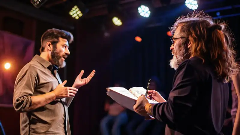 Artista practica monólogo en escenario teatral