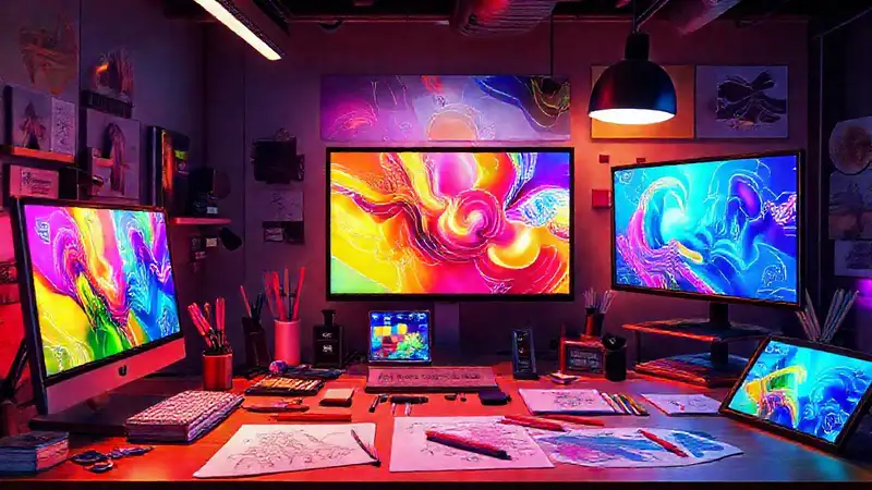Espacio digital creativo con colores vibrantes y tecnología