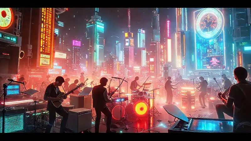 Ciudad musical futurista con neón y diversidad