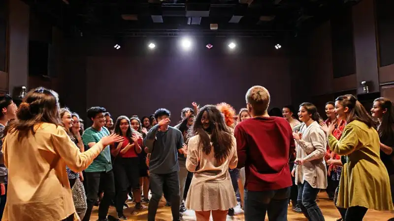 Estudiantes de teatro practicando improvisación vibrante