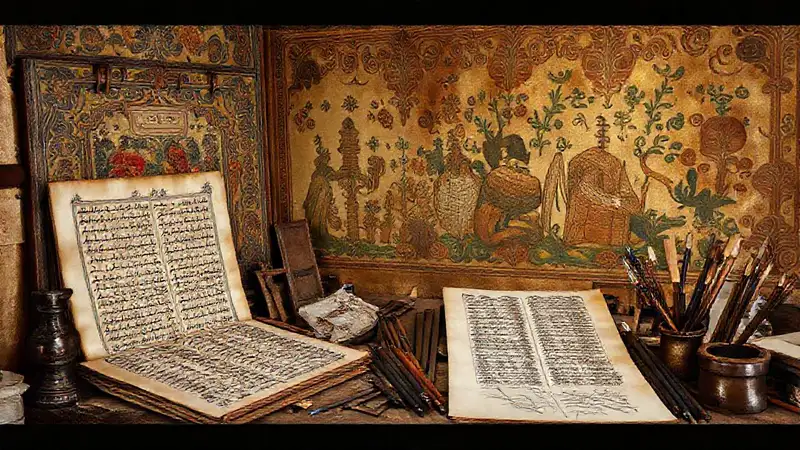 Arte antiguo, instrumentos y ambiente creativo